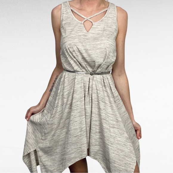 Umgee USA | Heather Taupe Beige Sleeveless Criss Cross Asymmetric Tunic Dress - Picture 3 of 7